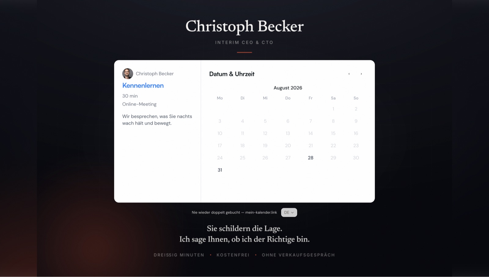 Buchungsseite mit eigenem Branding: Hintergrundbild, Porträt und eigene Typografie über dem Buchungsformular.