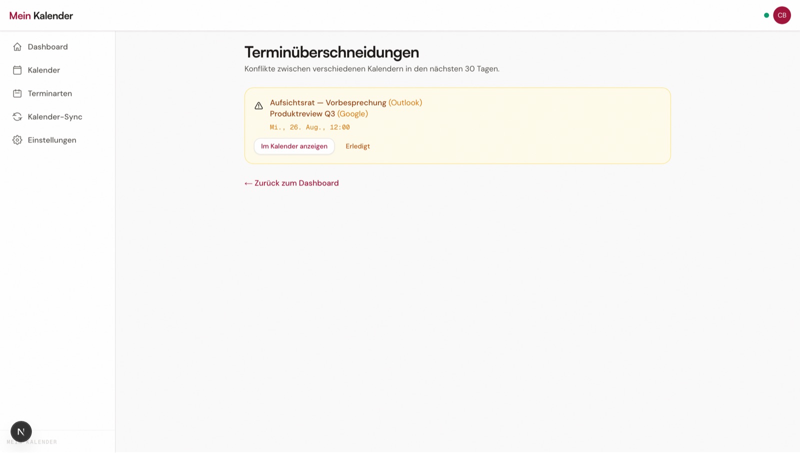 Erkannte Terminüberschneidung zwischen einem Outlook- und einem Google-Termin am selben Vormittag.