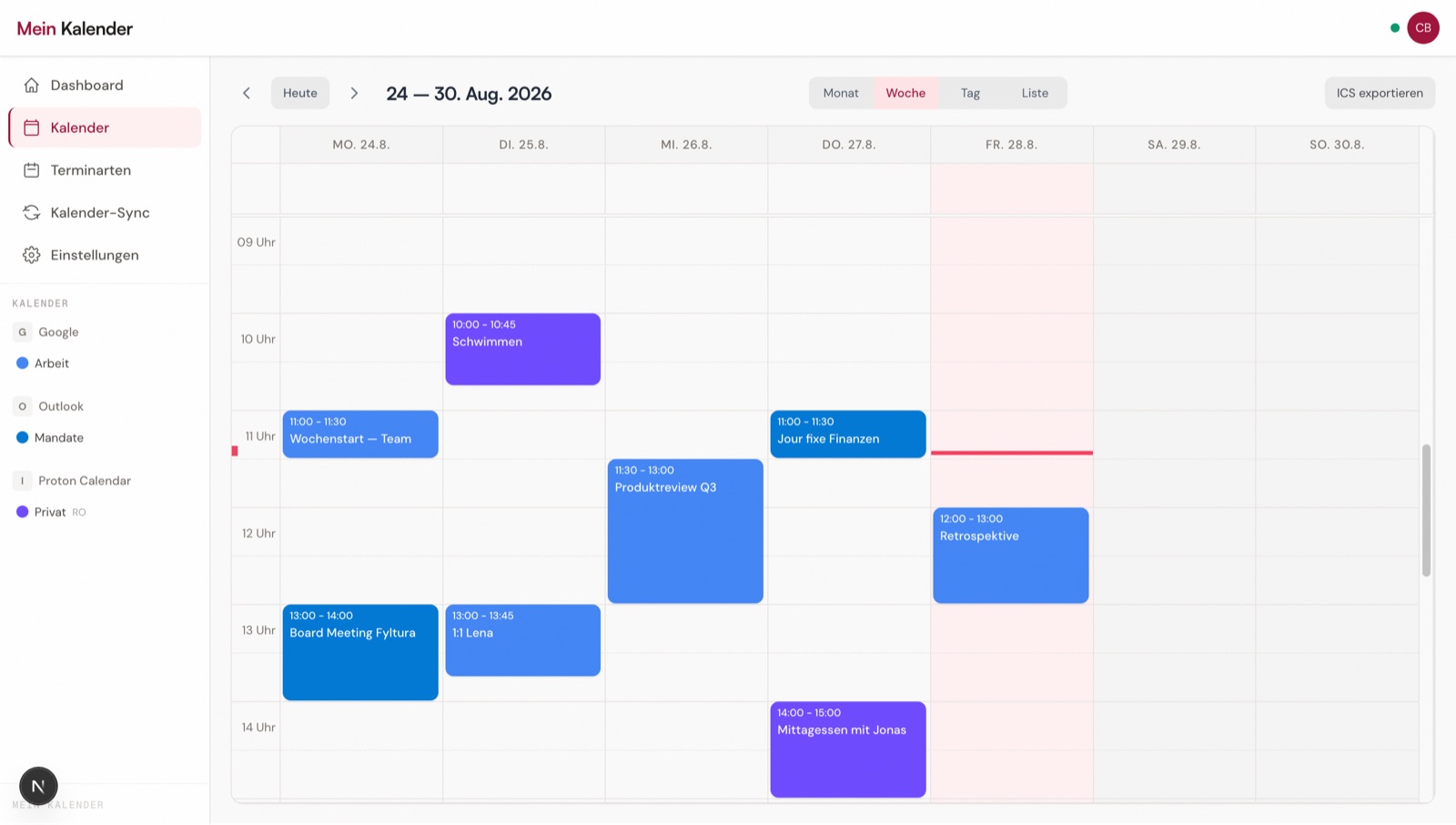 Wochenansicht mit Terminen aus Google, Outlook und Proton Calendar, farblich getrennt; der Proton-Kalender ist als schreibgeschützt markiert.